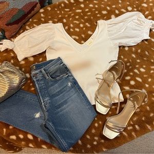 Maeve by Anthropologie white, deep-V neck/back, short puff-sleeve top Sz SP.